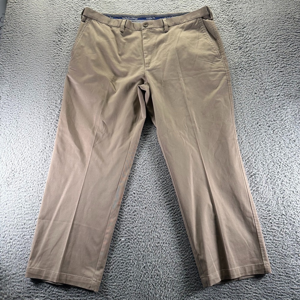Haggar Premium Comfort Pant Mens 42x29 Brown Cotton Khakis Straight Classic Fit